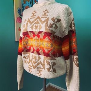 Vintage 70s Ski Sweater Aztec Sun Design MED